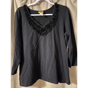 Ruby Rd Black 3/4 Sleeve Rose Embellished V-Neck Top Size Large Pullover